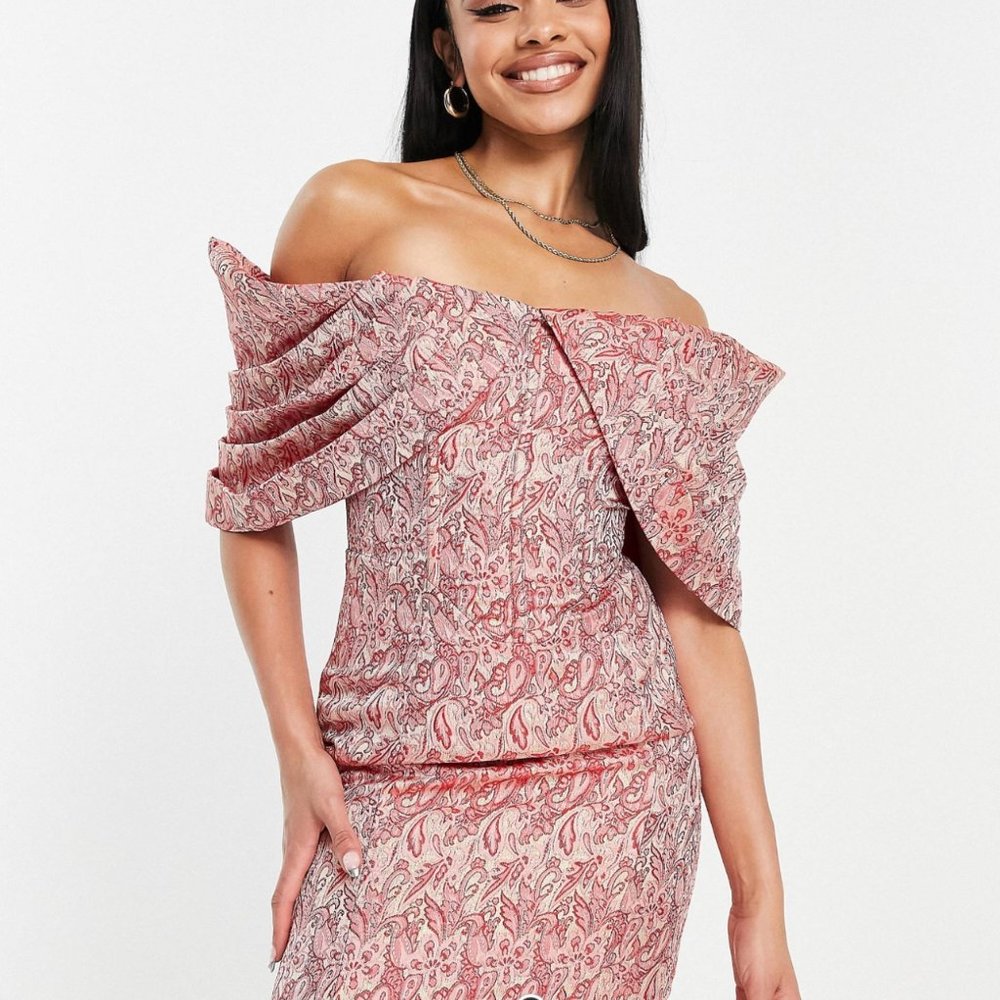 NEW w/ TAGS ASOS LUXE Pleated Bardot Jacquard Mini dress in Paisley Print